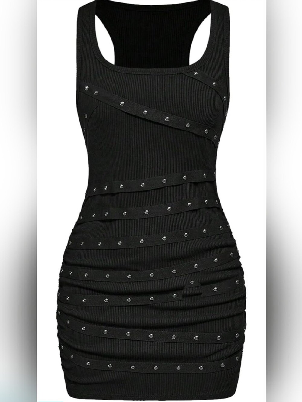 Studded Black Ribbed Bodycon Mini Dress